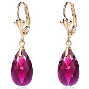 14K Yellow Gold with Fuchsia Pink Austrian Crystal Teardrop Leverback Earrings